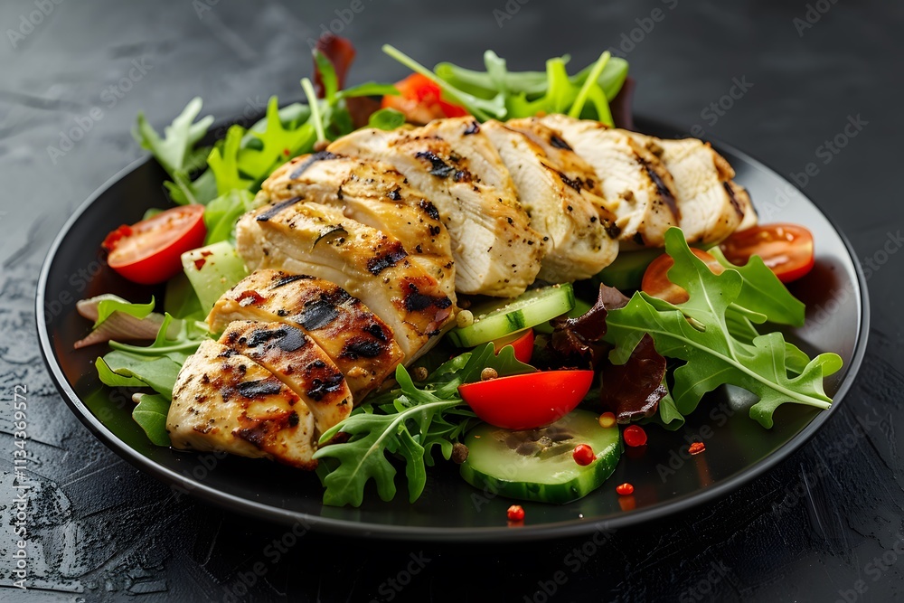 Grilled chicken salad with fresh vegetables served in a bowl, healthy and vibrant food presentation.
Grilled chicken salad with fresh vegetables served in a bowl, healthy and vibrant food presentation.