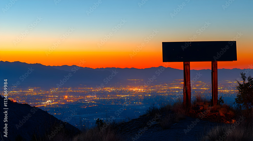 Sunset over city, blank signpost on hilltop. Sunset over city, blank signpost on hilltop.