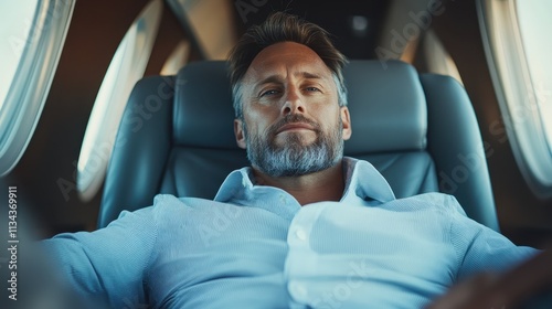 A man with a sophisticated look is relaxing comfortably on a luxurious airplane seat, showcasing modern travel, lifestyle, and the pursuit of prestige and pampering. photo