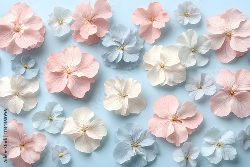 Pastel Flower Blossom Background, Delicate Petals Arranged in a Soft Blue Setting