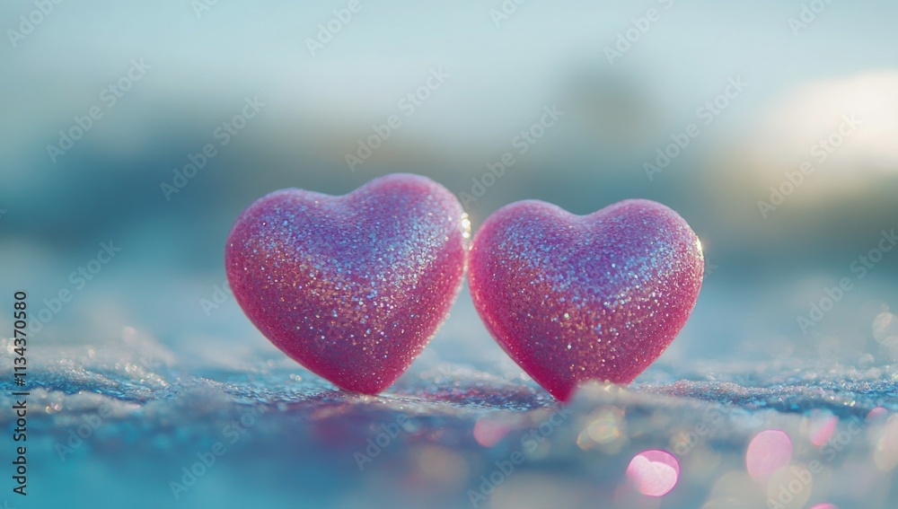 Two pink hearts with glitter on snow blurred background, Valentine's Day love concept Two pink hearts with glitter on snow blurred background, Valentine's Day love concept