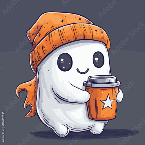 Cartoon ghost with orange beanie and mug on dark background.