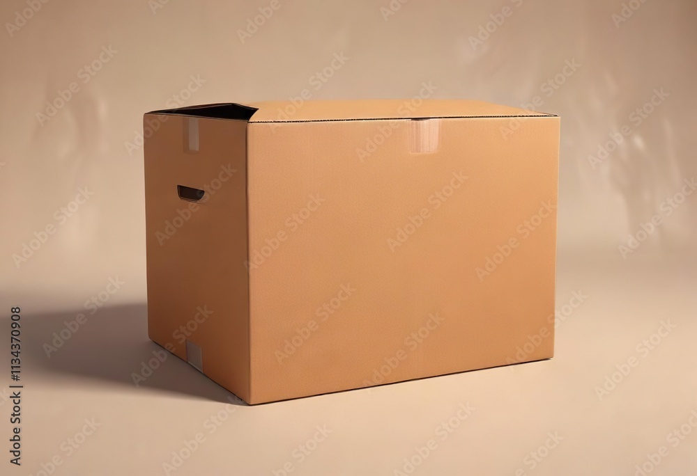 A large cardboard box on a plain beige surface, loneliness, emptiness A large cardboard box on a plain beige surface, loneliness, emptiness