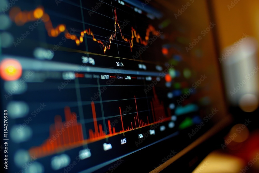 A close-up view of a digital display showing stock market trends with fluctuating graphs and candlestick patterns, indicating active trading activity. A close-up view of a digital display showing stock market trends with fluctuating graphs and candlestick patterns, indicating active trading activity.
