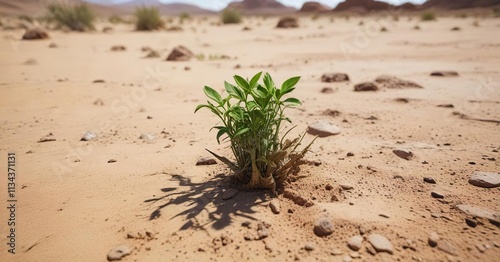 Green shoot bursting forth from the ground in a dry barren landscape , dry, plant life, parched