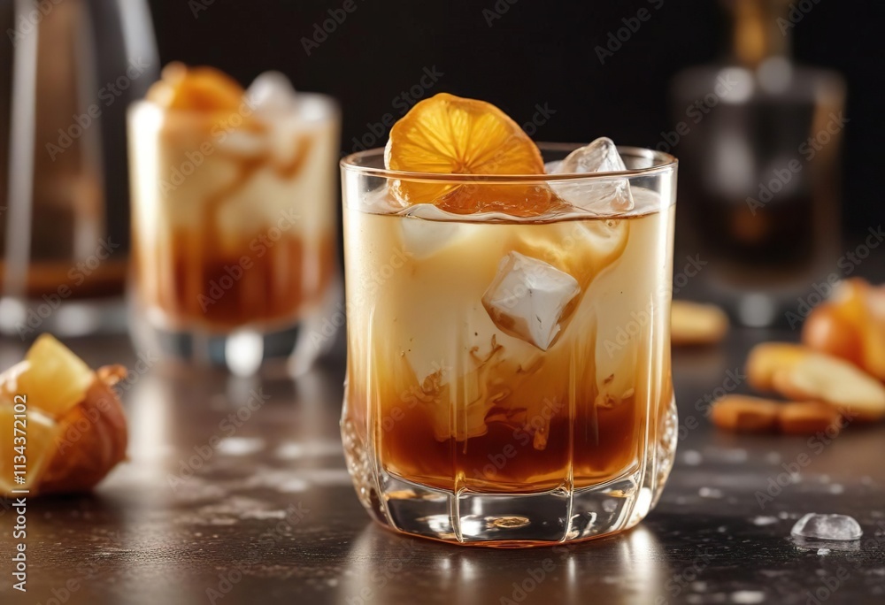 Caramel cream liqueur glass filled with ice and garnish, lemon, cold drink, liquid Caramel cream liqueur glass filled with ice and garnish, lemon, cold drink, liquid