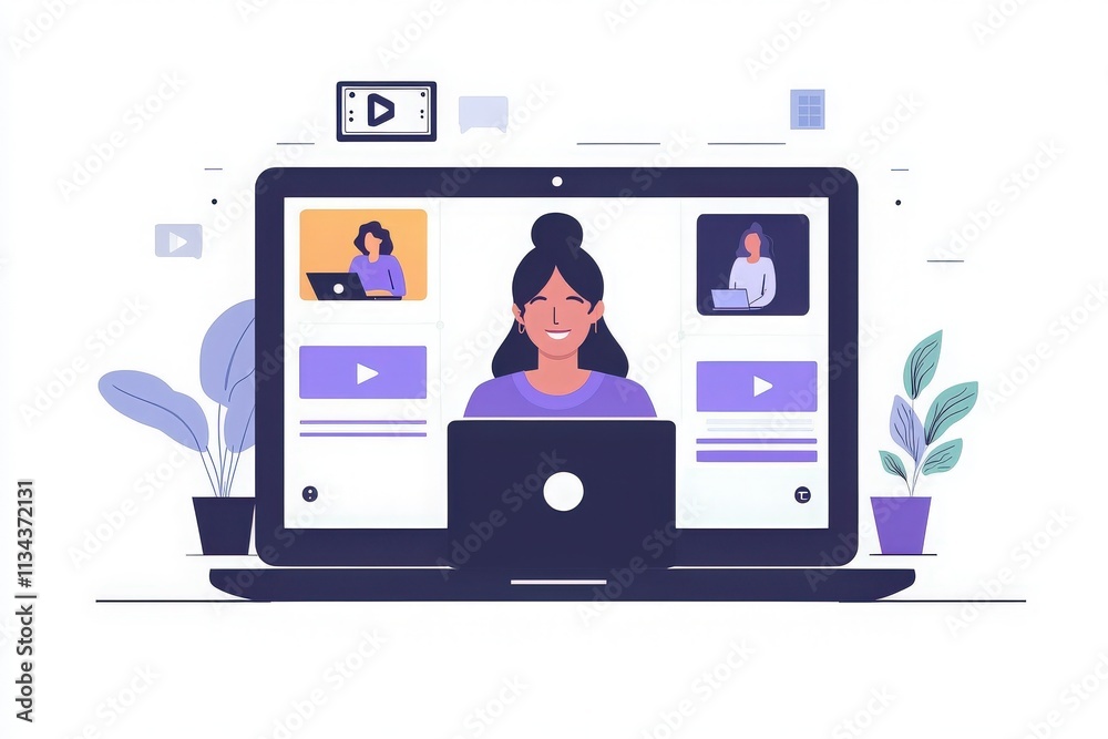 A focused instructor delivers a virtual lesson from a laptop, showcasing interactive content. The background features digital tools and plants, enhancing the online learning atmosphere. A focused instructor delivers a virtual lesson from a laptop, showcasing interactive content. The background features digital tools and plants, enhancing the online learning atmosphere.