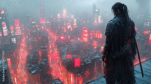 Futuristic cityscape with a figure overlooking neon lights