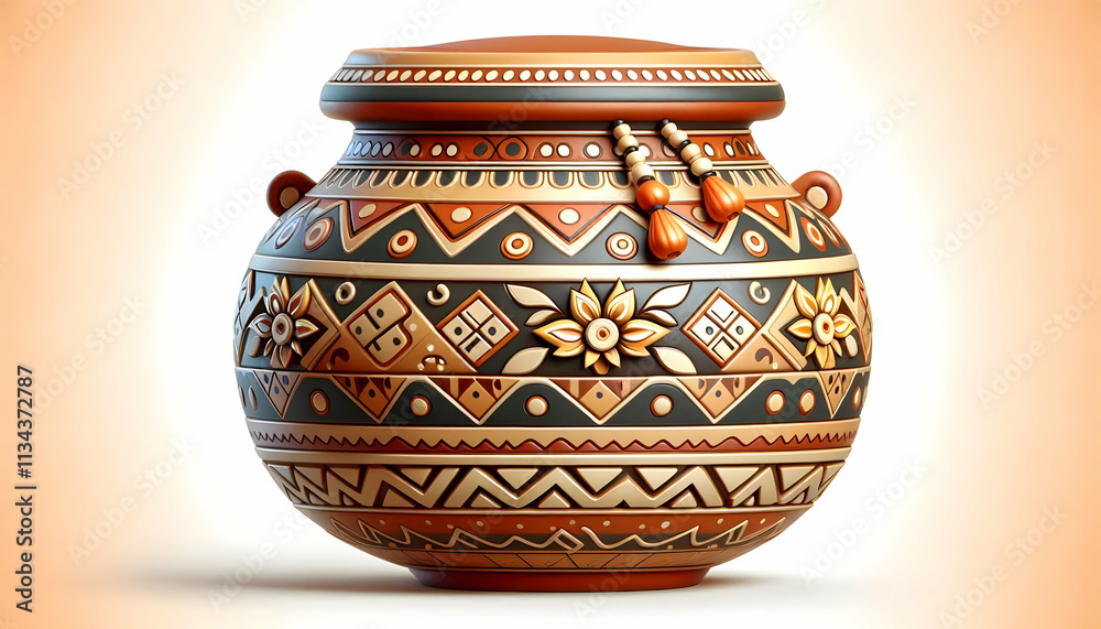 3D Vector of a traditional Indian earthen pot decorated with patterns isolated on white background. concept as A detailed vector illustration of a decorated earthen pot symbolizing culture and traditi 3D Vector of a traditional Indian earthen pot decorated with patterns isolated on white background. concept as A detailed vector illustration of a decorated earthen pot symbolizing culture and traditi