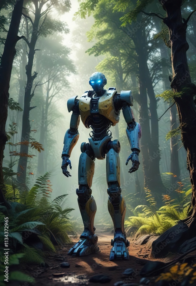 Fototapeta premium A robot navigating through a dense, alien forest, sci-fi, wilderness, metallic