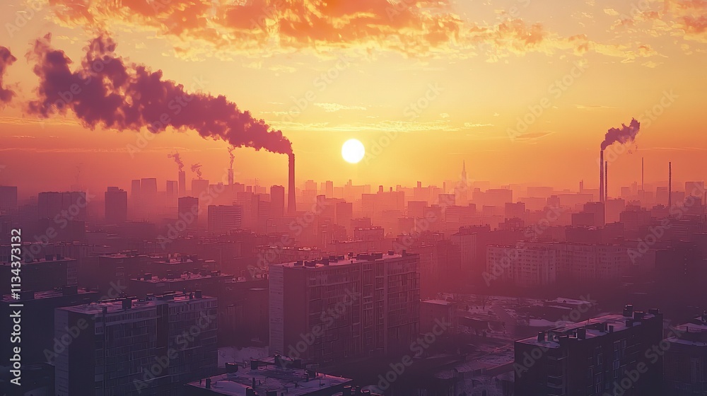 Urban Air Pollution at Sunset in 16K Resolution: Ultra Photorealistic View Urban Air Pollution at Sunset in 16K Resolution: Ultra Photorealistic View