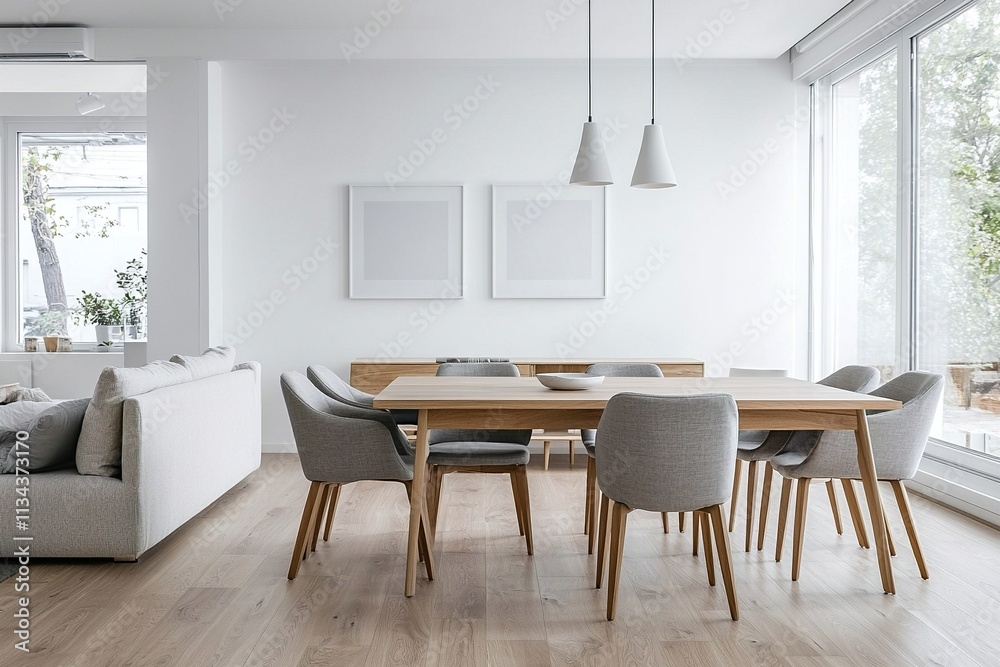 A dining room with minimalist, white-finished walls and a Scandinavian interior design with a view of the living room. Generative AI
A dining room with minimalist, white-finished walls and a Scandinavian interior design with a view of the living room. Generative AI