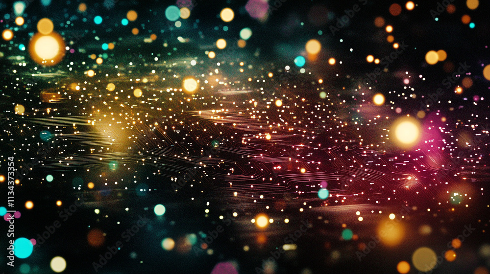 Colorful abstract design with glowing spheres and shimmering light patterns at night Colorful abstract design with glowing spheres and shimmering light patterns at night
