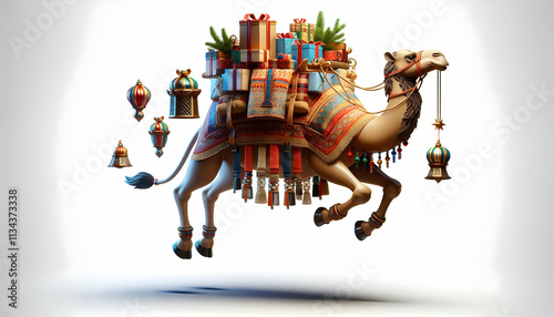 3D Reyes Magos Hovering Camel Vector concept as Vector graphic of a majestic camel hovering with festive decorations isolated on white ideal for infographics depicting the journey of Reyes Magos suita photo