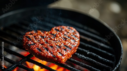 Heart-shaped burger grilling on barbecue for romantic dinner photo