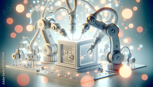 3D Soft abstract illustration of robotic arms assembling a product with bokeh digital elements and copy space. concept as Robotic arms work together assembling a product in a soft abstract setting enh photo