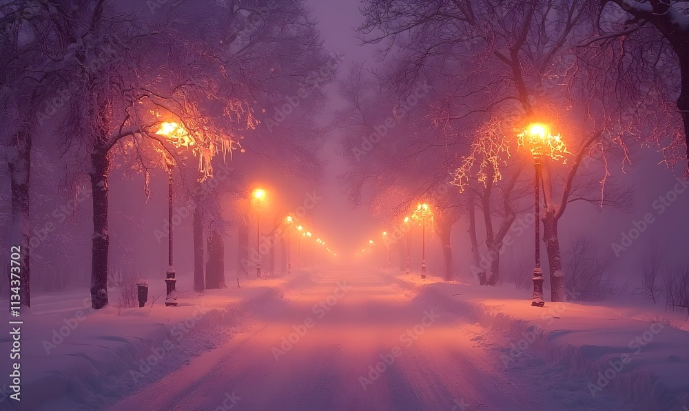 Winter nights showcase a blizzard with snowy streets and rime-velvet branches under light purple and pink hues Winter nights showcase a blizzard with snowy streets and rime-velvet branches under light purple and pink hues
