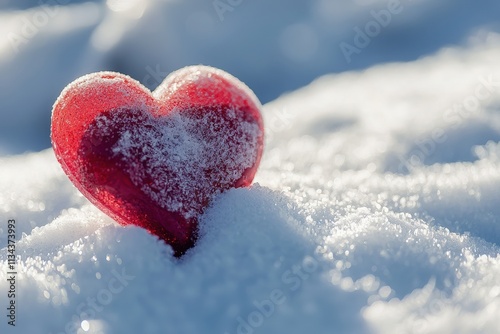 A bright red heart sits atop a blanket of soft, sparkling snow, surrounded by a serene winter landscape. The contrast of colors highlights themes of love and tranquility in nature.