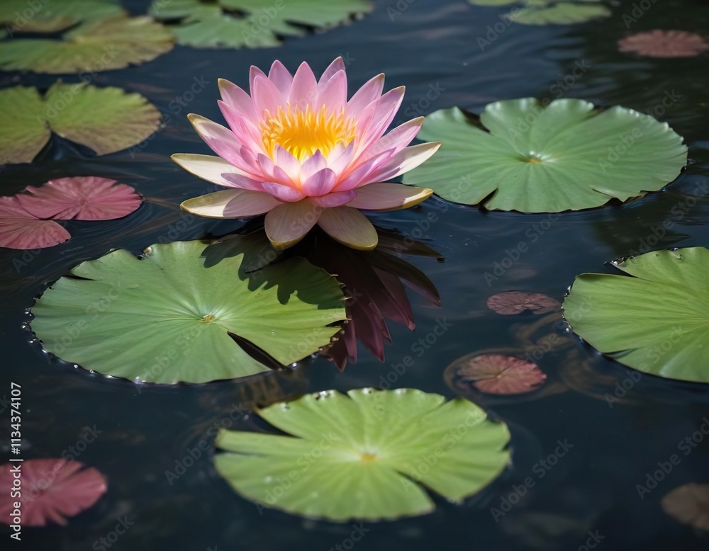 Pink and green flowers surround a solitary white water lily, isolated bloom, pink water lilies, natural scenery Pink and green flowers surround a solitary white water lily, isolated bloom, pink water lilies, natural scenery