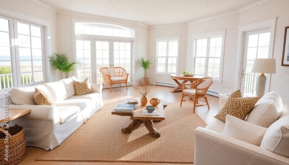 Fototapeta premium A bright and airy living room with large windows overlooking the ocean, featuring a white sofa, wooden chairs, a coffee table, and decorative elements such as potted plants and vases.