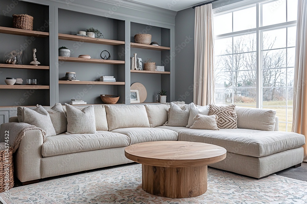 Obraz premium A Scandinavian interior design of a living room with gray-finished walls and shelves visible and a sofa. Generative AI
