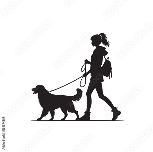 a girl walking her dog silhouette vector illustration