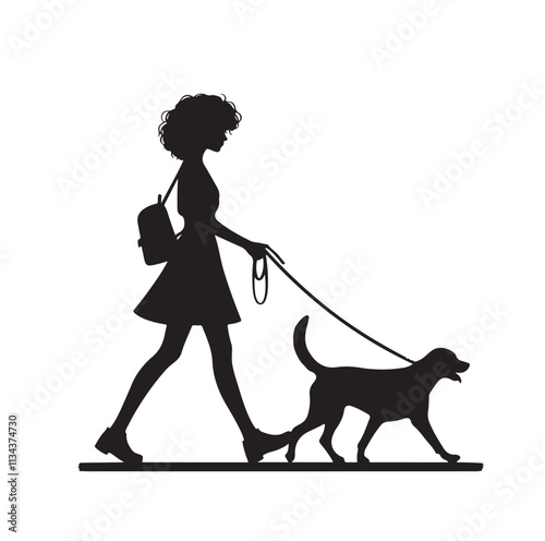 a girl walking her dog silhouette vector illustration