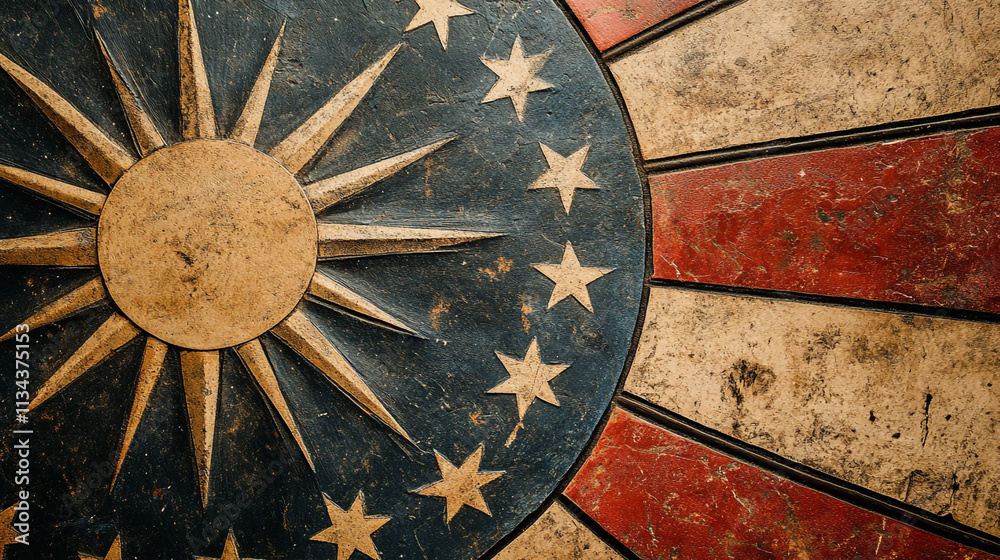 Fototapeta premium Historic emblem featuring sun and stars on a weathered surface representing heritage