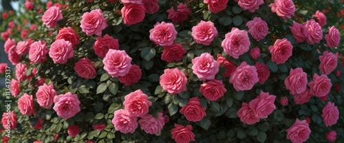 A mature rose bush with full, lush blooms in shades of red and pink , shrubbery, nature photography