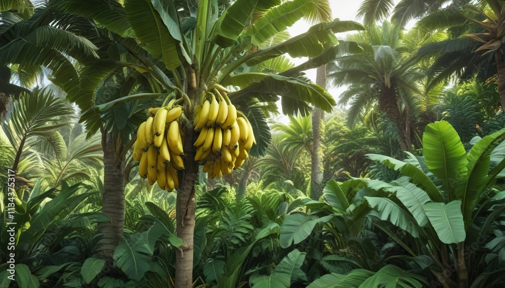 Fototapeta premium A single banana tree growing in a lush green garden with multiple bananas hanging from its branches , leafy, green