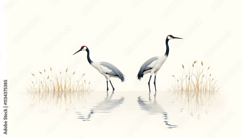 Fototapeta premium Two cranes wading gracefully in shallow water with reflections and tall grass