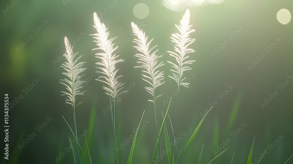 Three backlit white grass flowers in a green field at sunrise. Three backlit white grass flowers in a green field at sunrise.