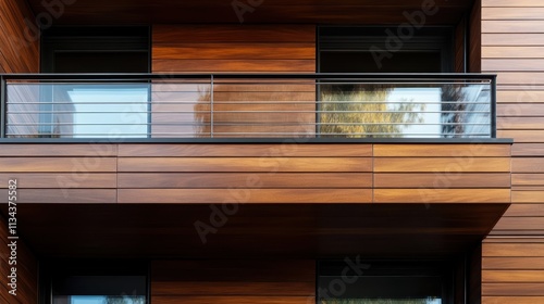 Featuring a beautiful blend of wood and metal, this balcony includes a modern railing that enhances its elegant facade, previewing urban architectural craftsmanship. photo