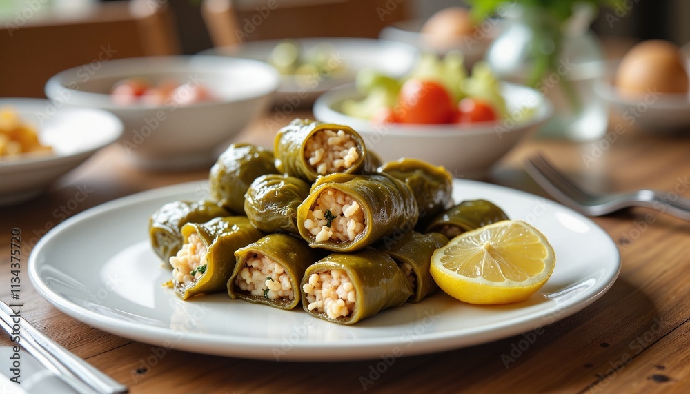 Dolma stuffed with rice and herbs, appetizing mood, rustic wooden table setting Dolma stuffed with rice and herbs, appetizing mood, rustic wooden table setting