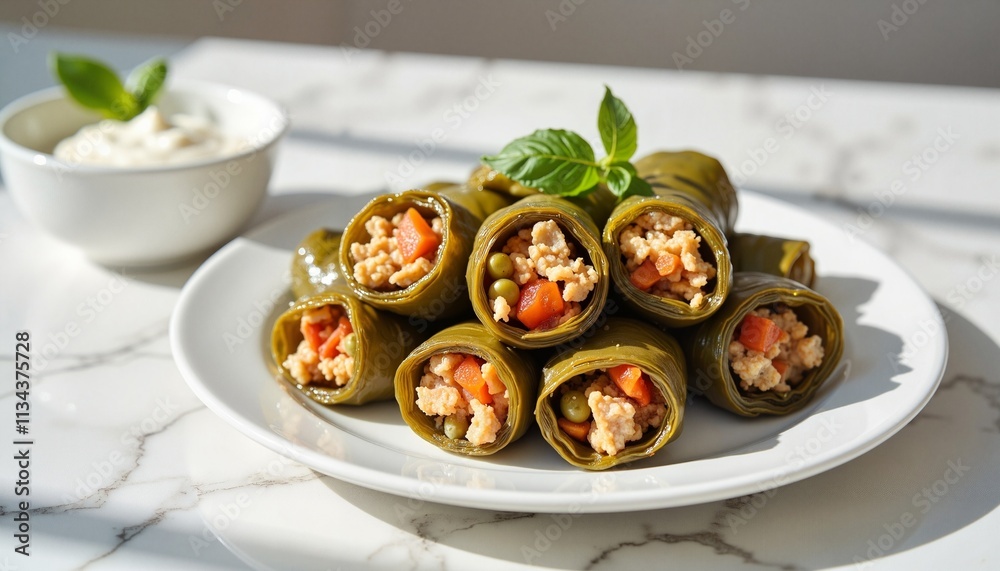 Dolma filled with rice and vegetables, fresh mood, marble table setting with dip Dolma filled with rice and vegetables, fresh mood, marble table setting with dip