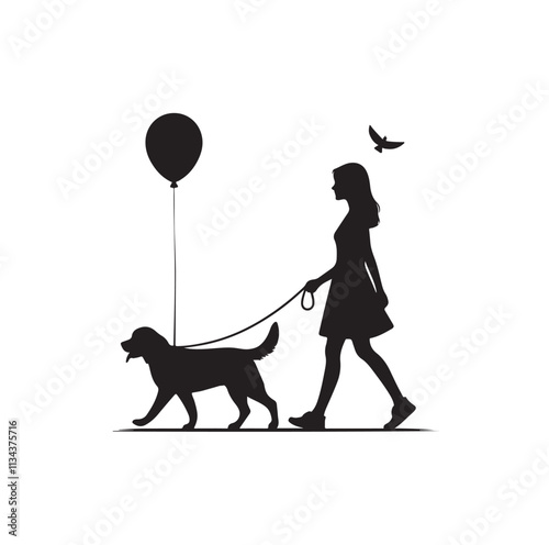 a girl walking her dog silhouette vector illustration