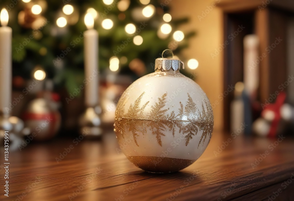Single white mercury glass Christmas ornament on a brown wooden mantel , white, snowy, decorative