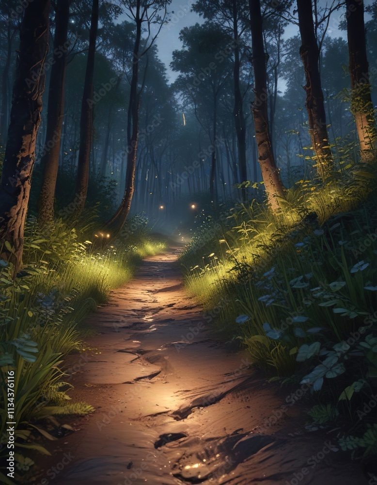 Fototapeta premium Twinkling fireflies dance around a winding forest path at dusk, trail, natural wonder, enchanting scene