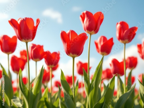 Red Tulip Field with Heart-Shaped Petals: Romantic Floral Scene for Valentine’s Day