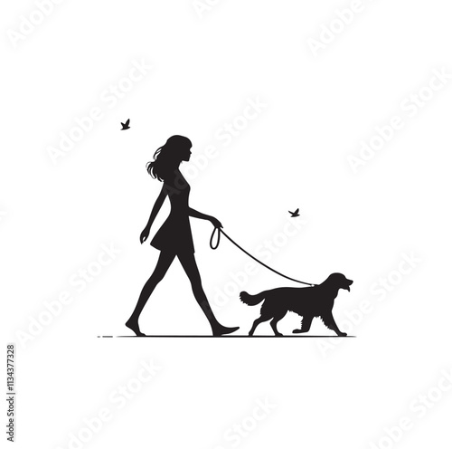 a girl walking her dog silhouette vector illustration