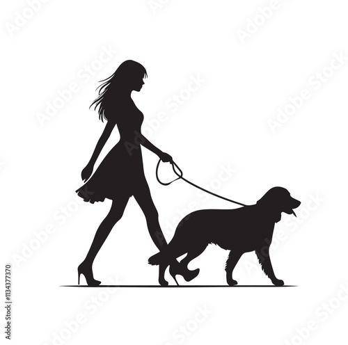 a girl walking her dog silhouette vector illustration