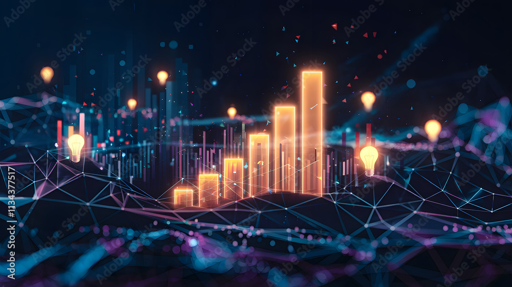 Fototapeta premium Futuristic 3D landscape with glowing bar chart and data points, representing technology and analytics.