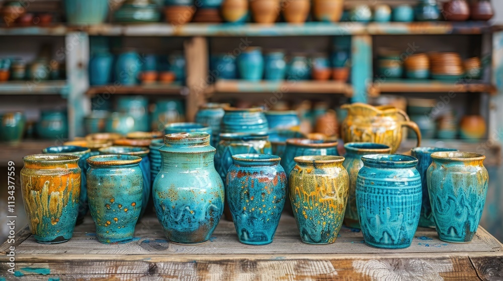 A collection of colorful ceramic pots and a pitcher displayed on a wooden shelf. A collection of colorful ceramic pots and a pitcher displayed on a wooden shelf.