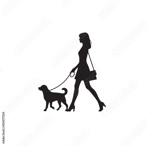 a girl walking her dog silhouette vector illustration