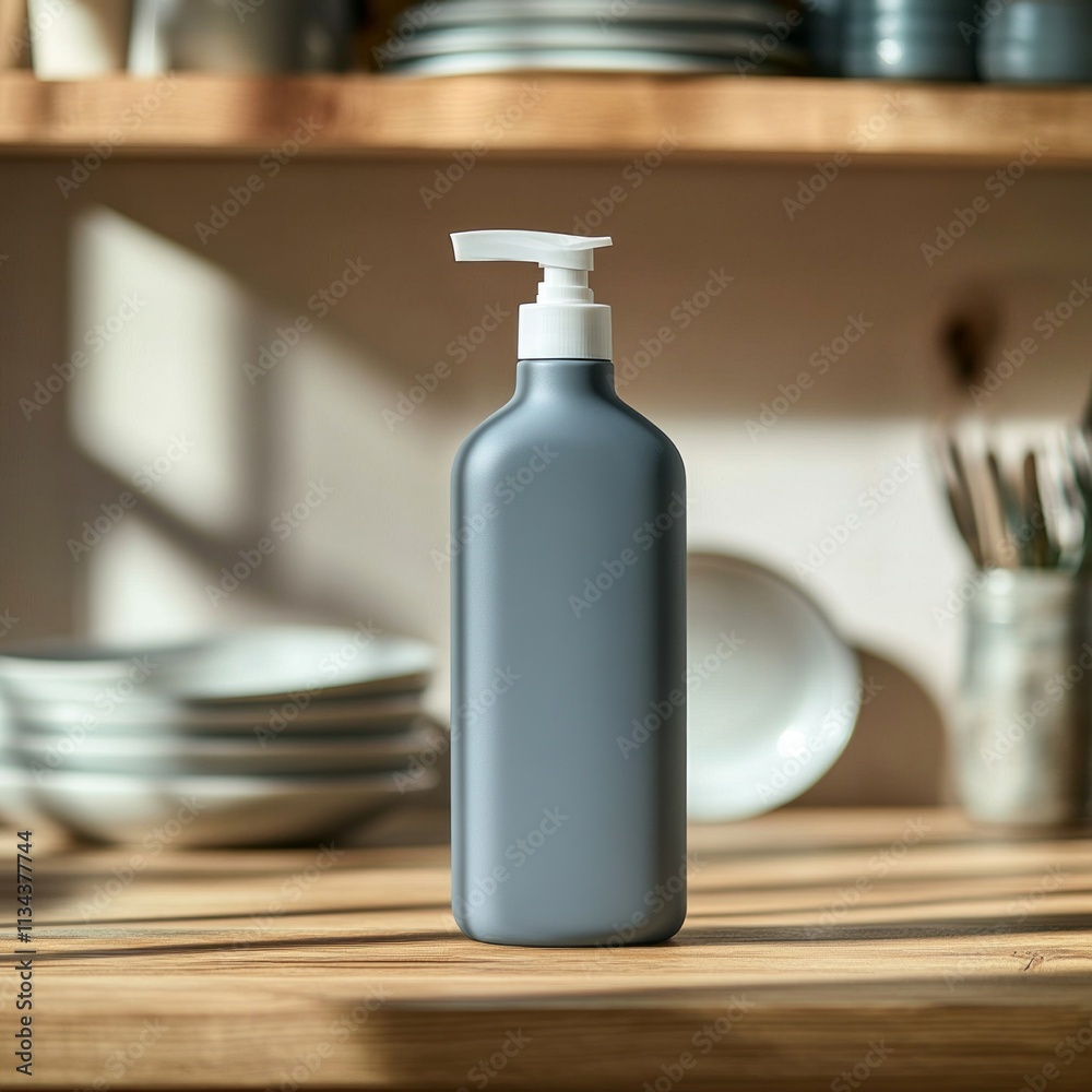 Gray bottle with pump sits on wooden countertop against a backdrop of plates and kitchen items in bright, natural light Gray bottle with pump sits on wooden countertop against a backdrop of plates and kitchen items in bright, natural light