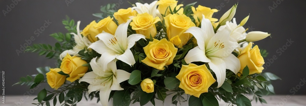 A stunning floral arrangement of yellow roses with white lilies and eucalyptus, arrangement, decorative A stunning floral arrangement of yellow roses with white lilies and eucalyptus, arrangement, decorative
