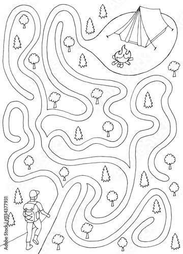 Camping maze graphic black white sketch vertical illustration vector 