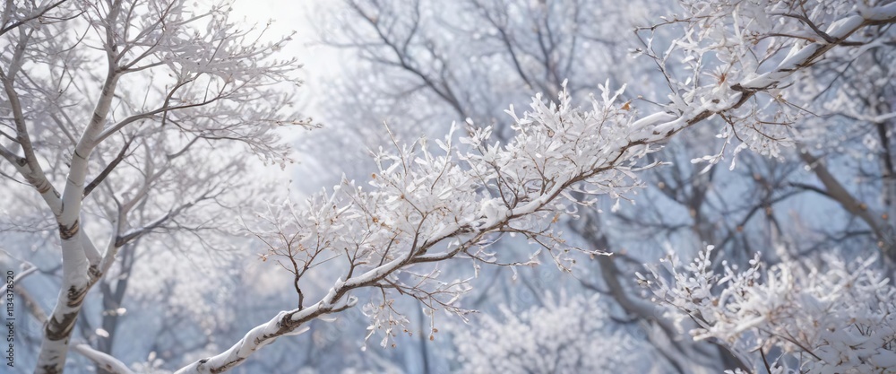 Snowflakes gently fall around the delicate branches of the white-painted trees that sway in the soft breeze, snowy woods, white painted trees Snowflakes gently fall around the delicate branches of the white-painted trees that sway in the soft breeze, snowy woods, white painted trees