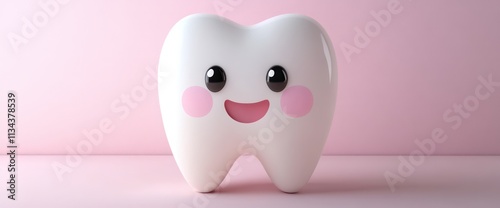 A cute, smiling cartoon tooth character on a soft pink background, promoting dental health.