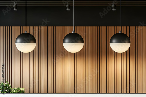 Three modern pendant lights hang above a wood-paneled wall.